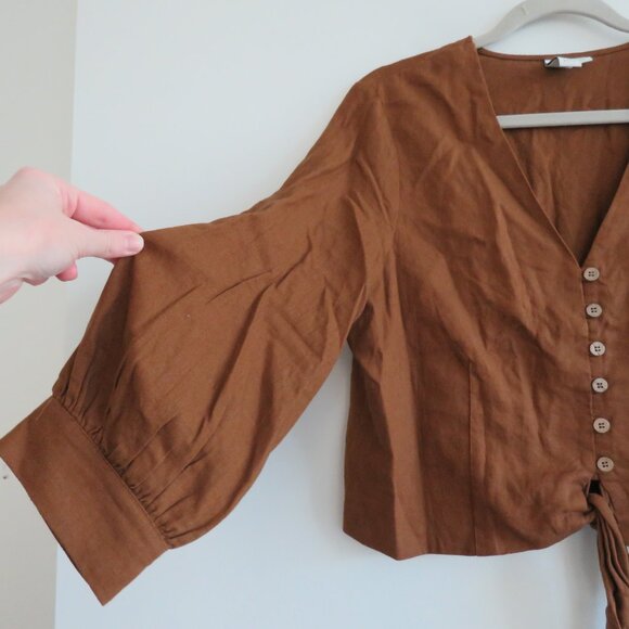 JOIE Linen Blend Cropped Button Tie Front Blouse Top in Brown Boho Cottage Sz M - Picture 8 of 14